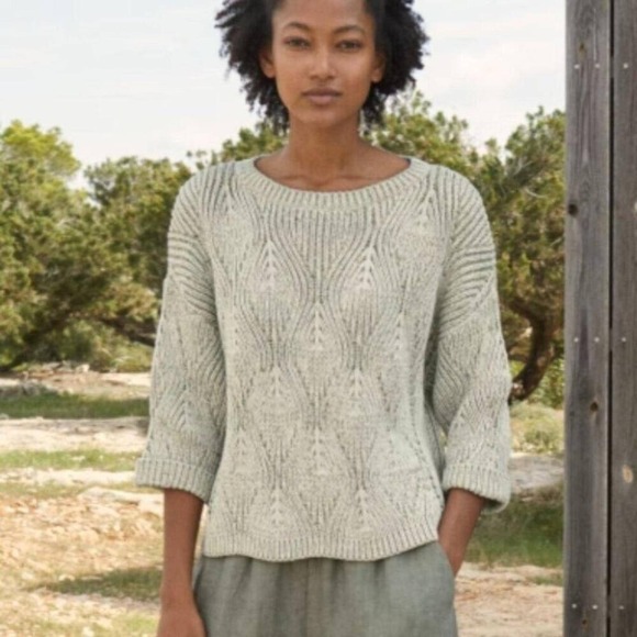 Poetry Sweaters - Poetry Women's Knit Sweater Crew Neck 3/4 Sleeves Cream Textured Pullover